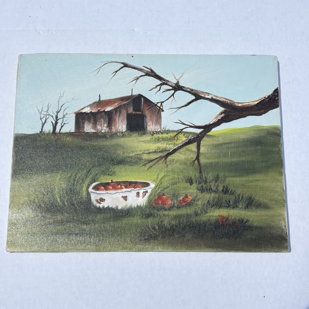 Vtg Rustic Barn Original Oil On Canvas Painting Wall Art 12" X 16" Farm Moody